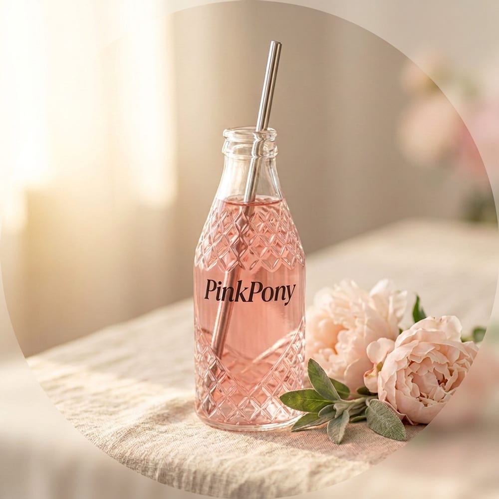 A PinkPony 25 cl bottle in crystal-texture glass with a crown crest and a built-in metal straw
