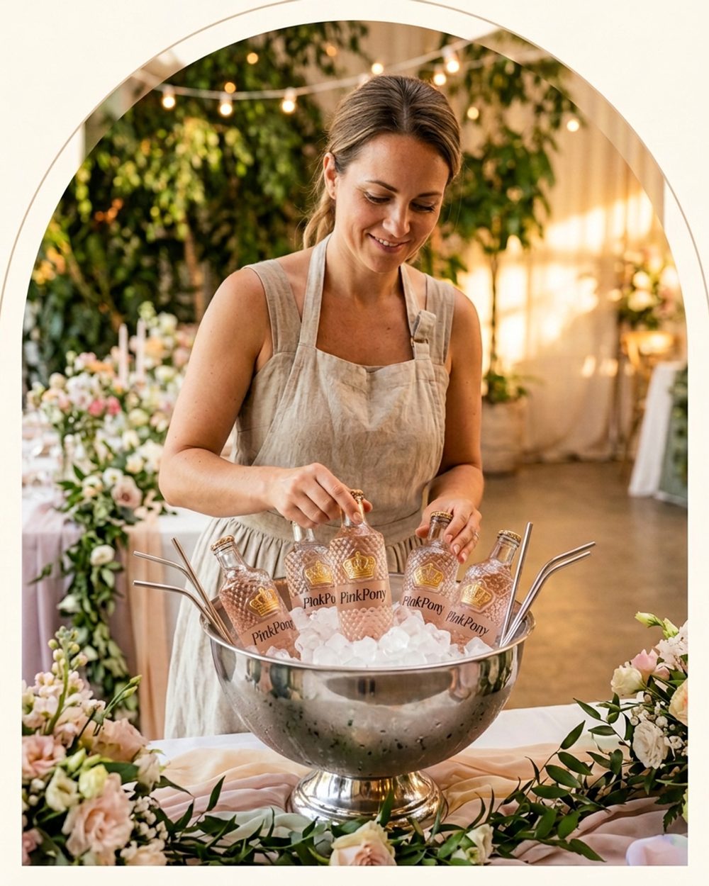 A party planner setting up a display of PinkPony bottles on a flower-decorated table