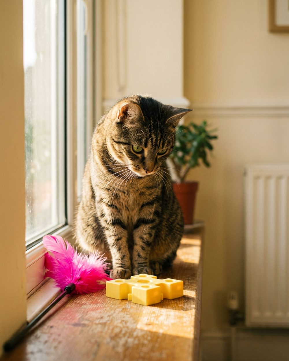 An indoor cat resting in a sunny living room, calm after a long play session