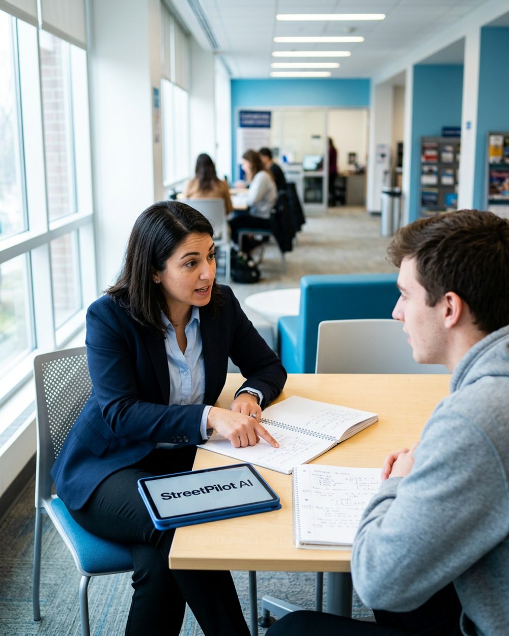 A mentor and a student working through interview notes together at a table