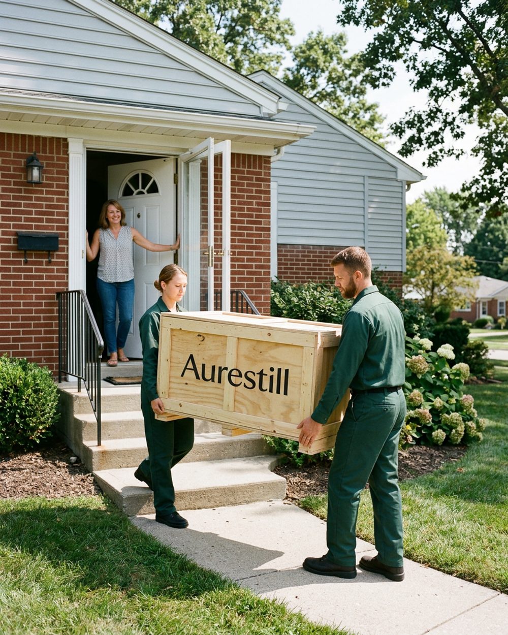 An Aurestill crew member finishing the setup of a light-wood infrared sauna and walking a homeowner through a one-page written warranty