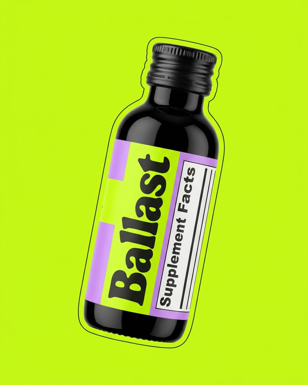 A 2 oz Ballast shot bottle with its label facing out, tilted on a flat colour block