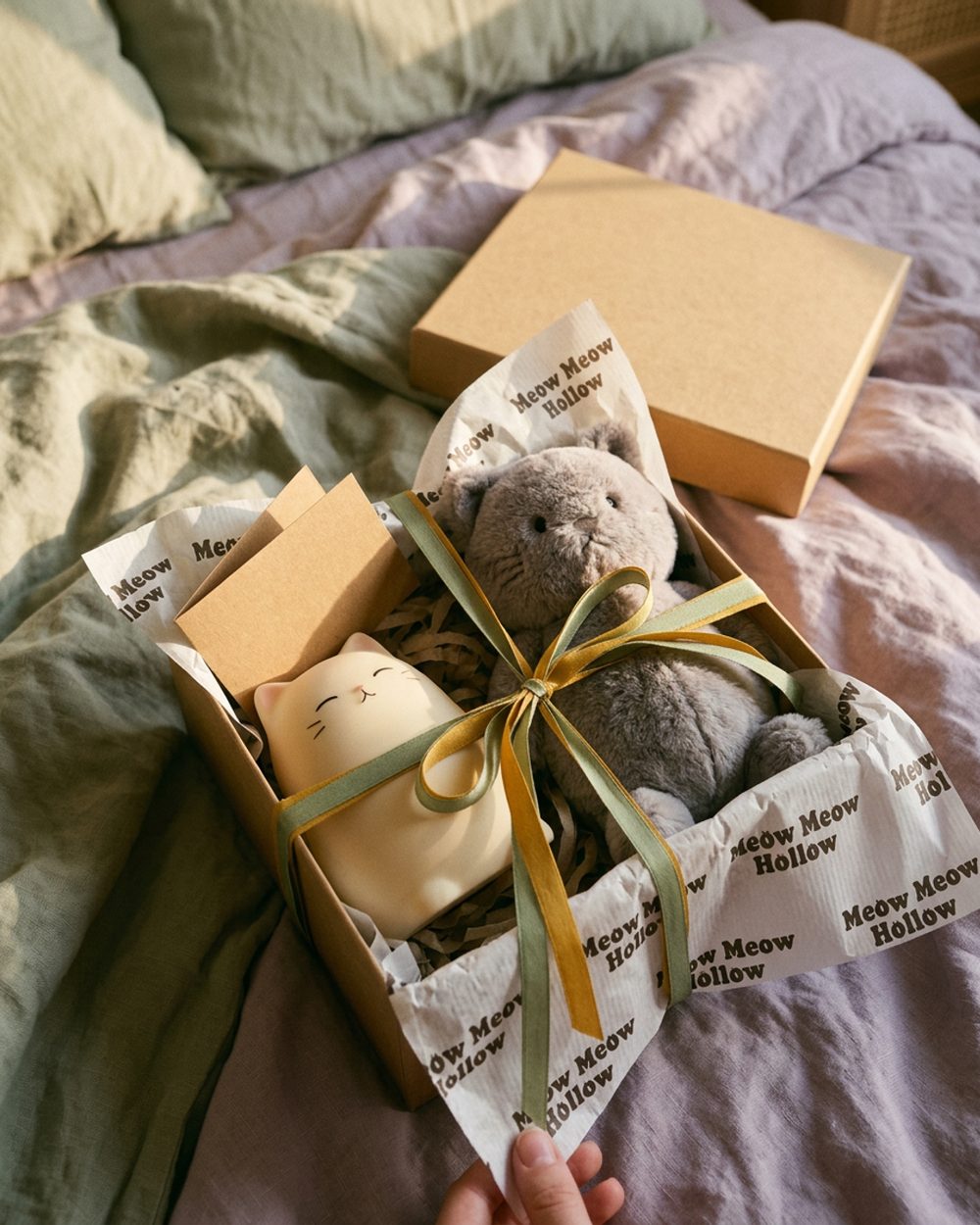 The Little World Gift Box in sage and mustard Meow Meow Hollow wrapping with a ribbon, resting on a cozy bed beside a soft cat plush