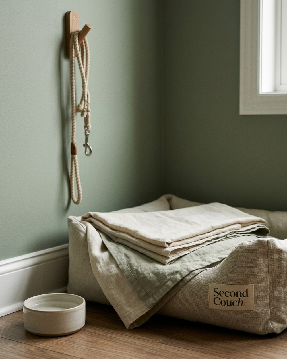 A quiet corner of a city home with a dog bed, a folded linen blanket and soft window light
