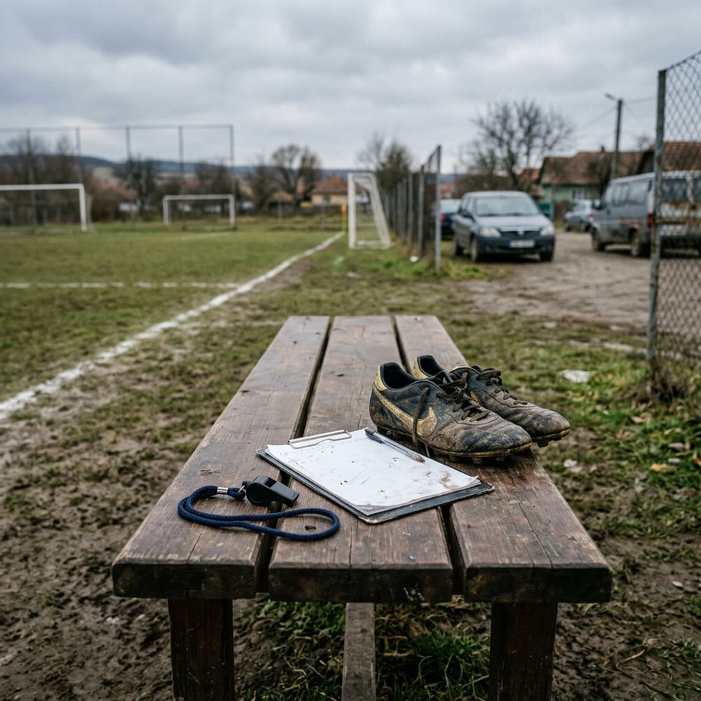 Teren de fotbal amator văzut de pe margine, cu porți și gazon uzat