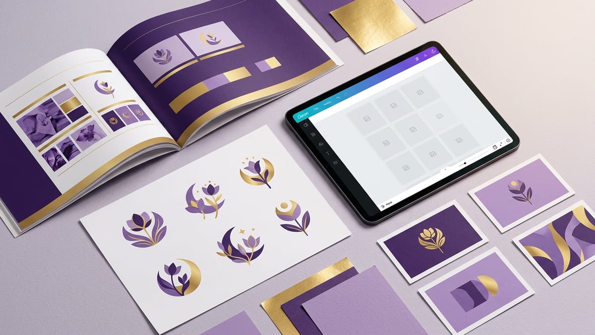 Brand identity deliverables spread — logo sheet, mini brand guide, and social templates in violet and gold
