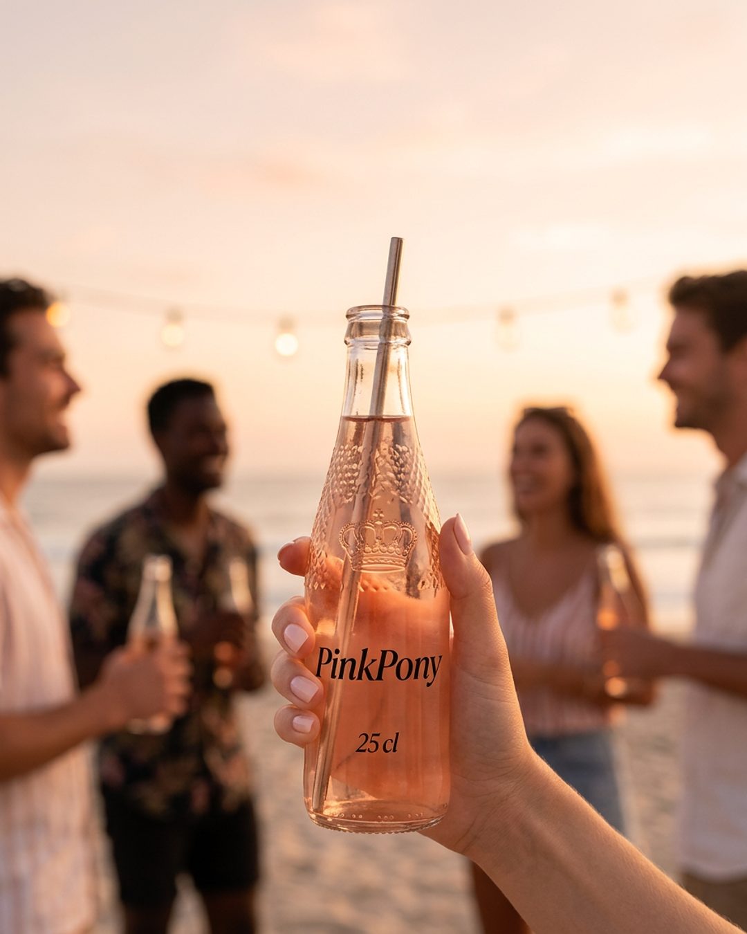 A hand holding a PinkPony bottle with a crown crest and built-in metal straw, set against a soft sunset