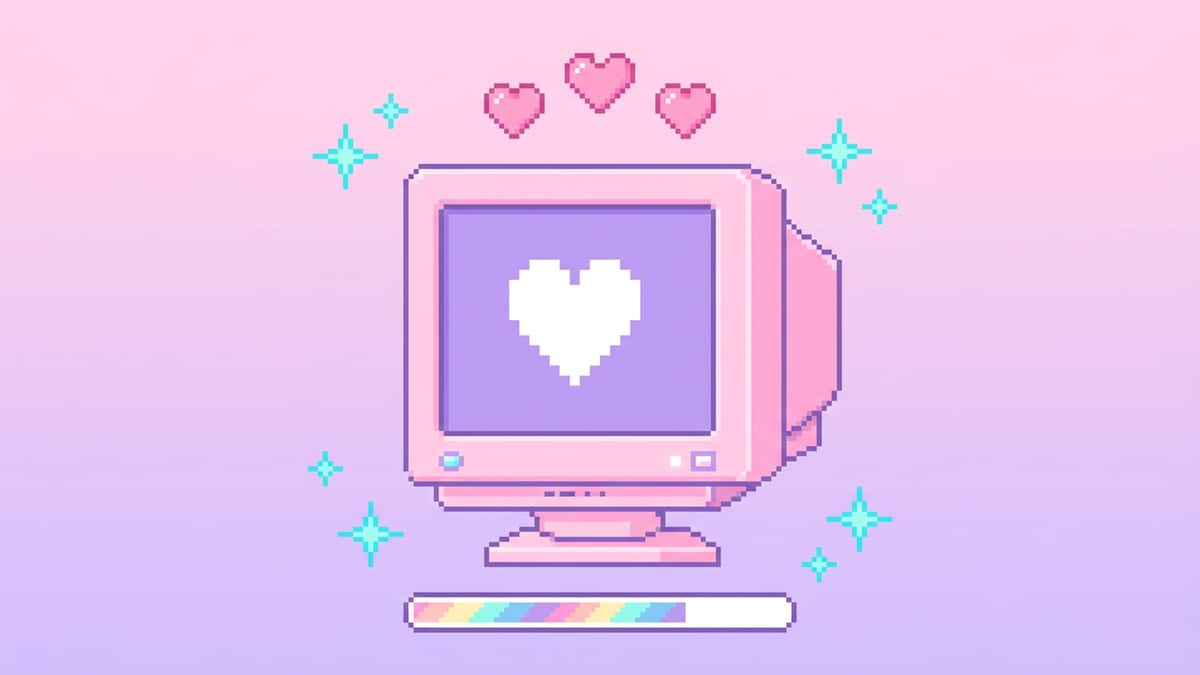 Pixel art pastel CRT computer with floating hearts and sparkles