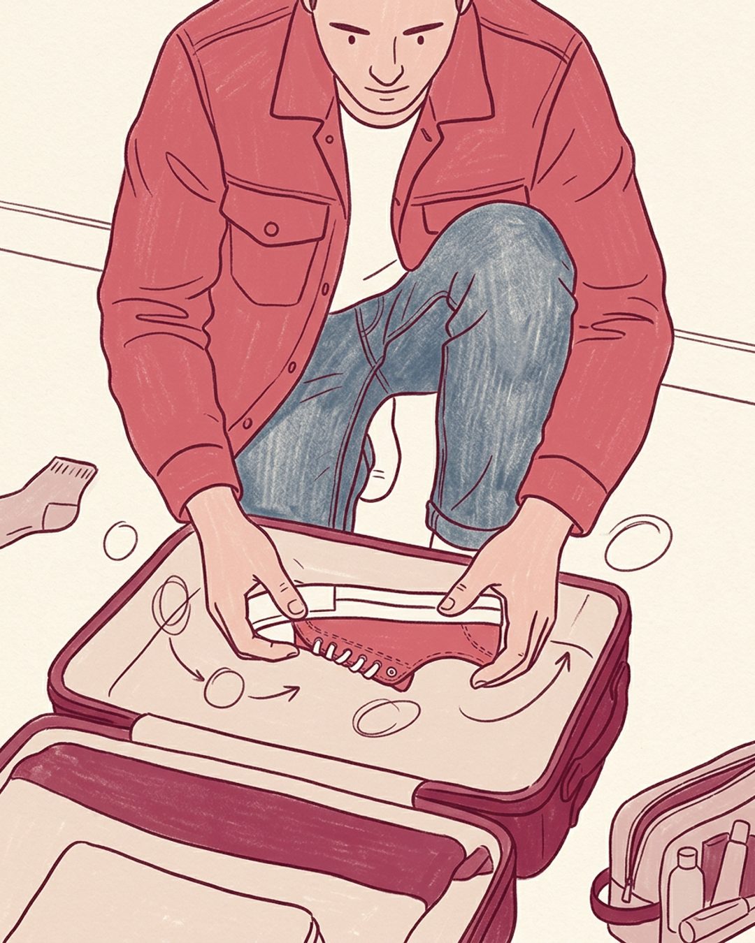 Hand-drawn illustration of a low-top sneaker folded flat beside a back pocket, ready to slip in