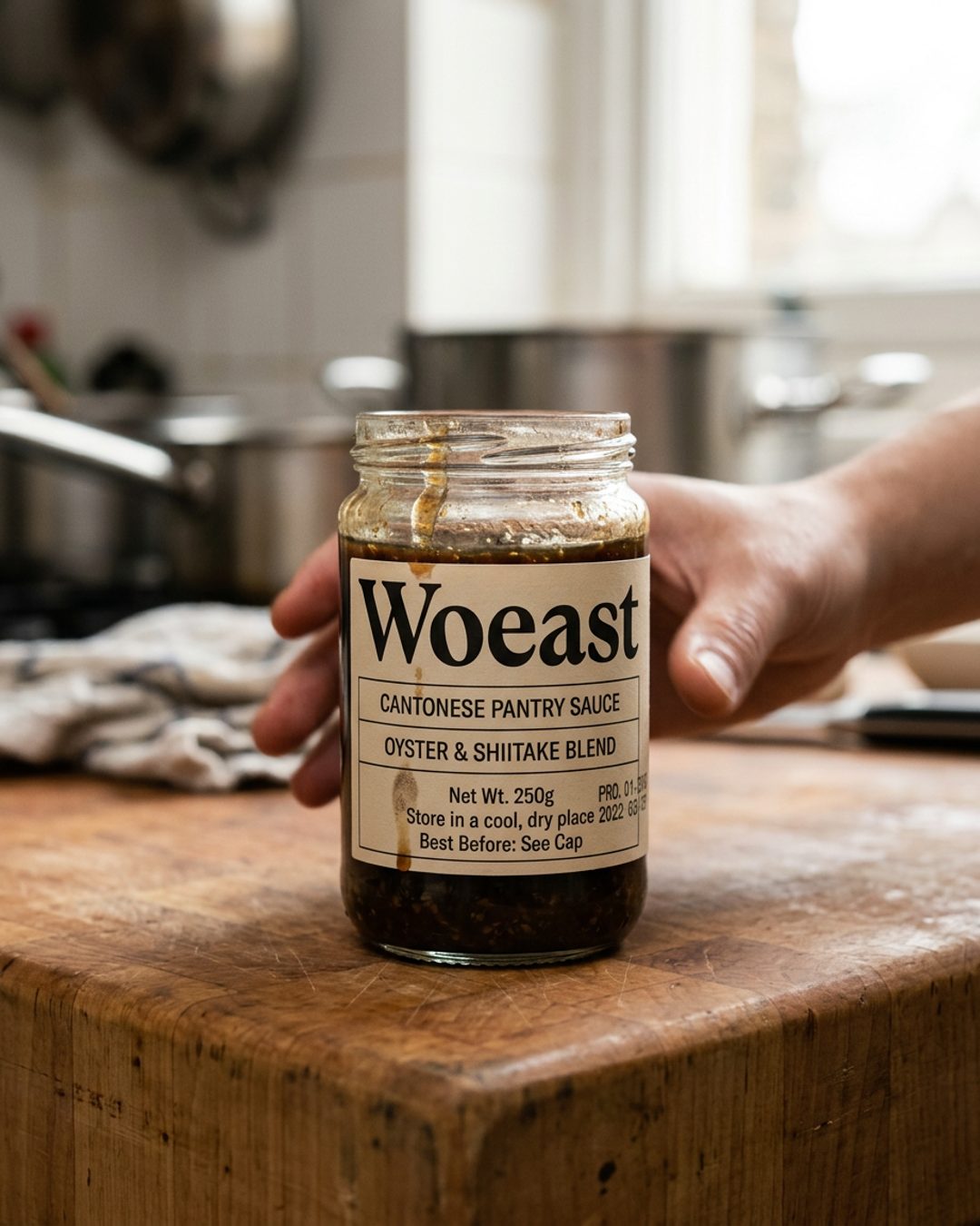 A Woeast jar with its plain house label facing the camera on a home kitchen counter
