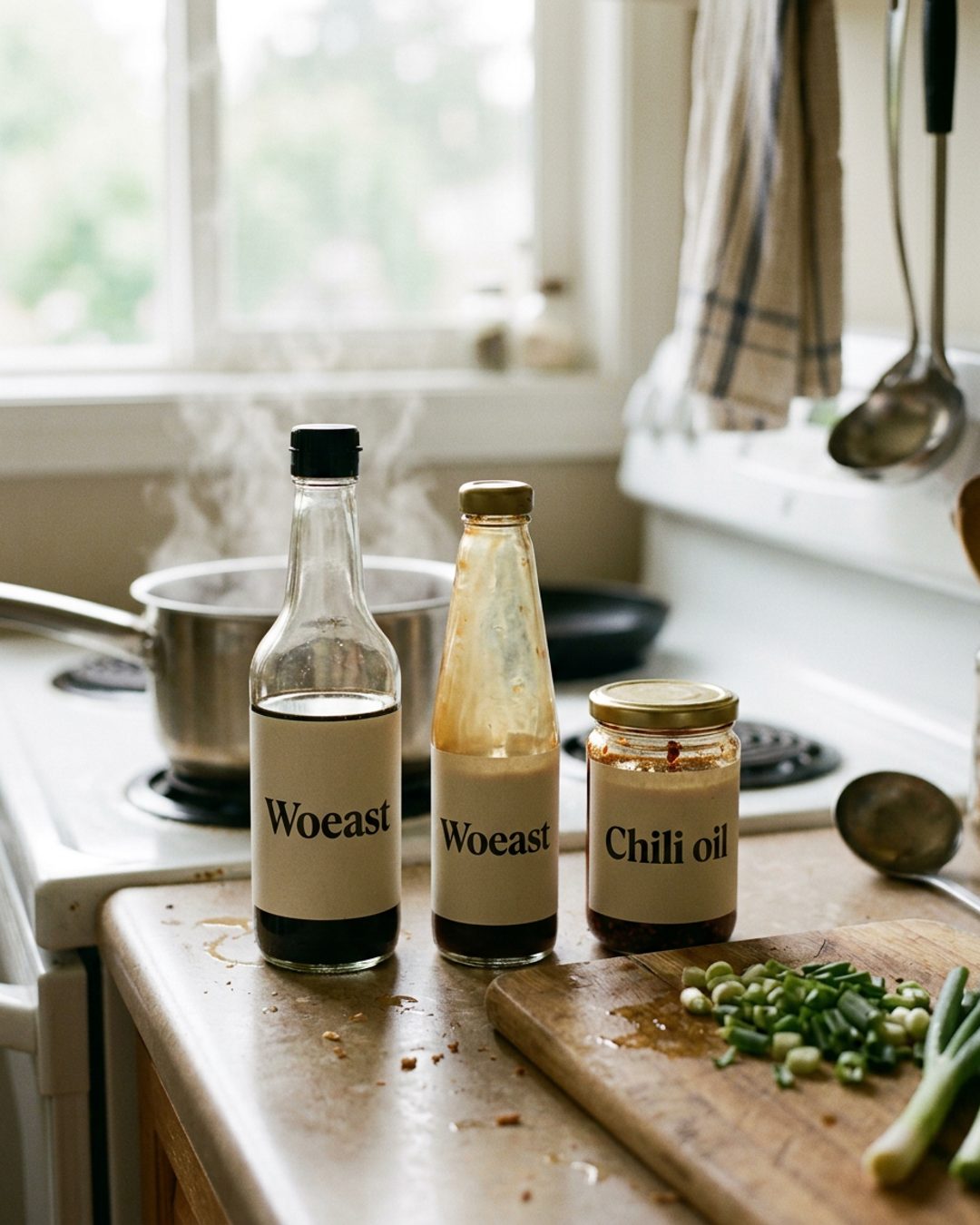 A Woeast jar with its plain house label facing the camera, on a wood kitchen counter in soft window light