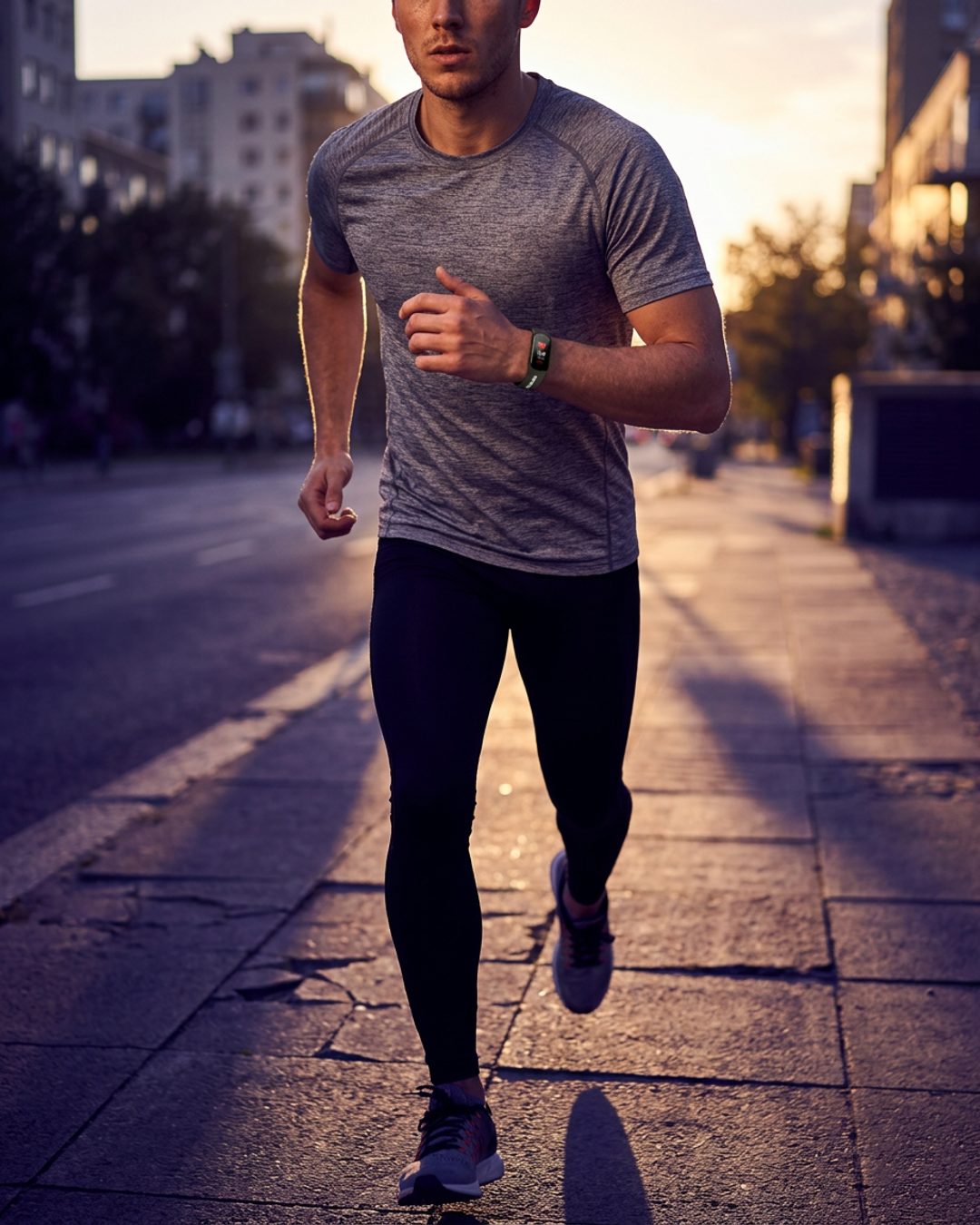 Meridian fitness band worn on a wrist during an outdoor run, screen showing a body composition metric readout