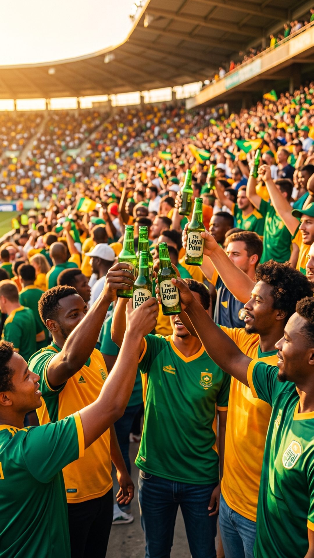 Football supporters holding up custom-labeled Loyal Pour beer bottles together, mid-toast on the terrace