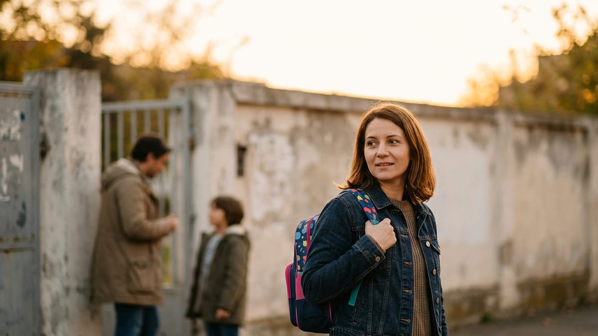 O mamă singură la poarta școlii, lumină caldă de după-amiază, alt părinte vizibil în fundal, atmosferă de zi obișnuită din