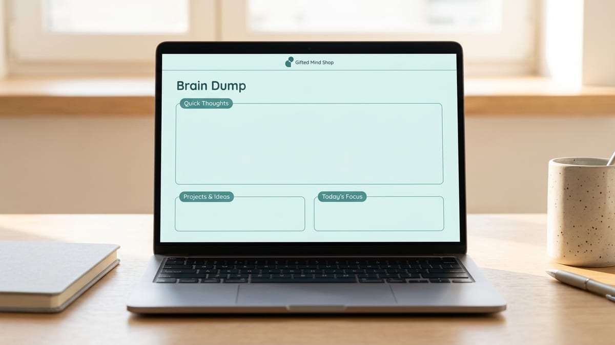 Brain dump sheet template spread open on a desk, with freeform capture zones and a calm teal border design