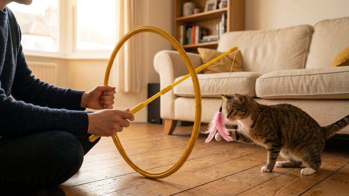 An owner sitting on a sunlit living-room floor playing with their cat