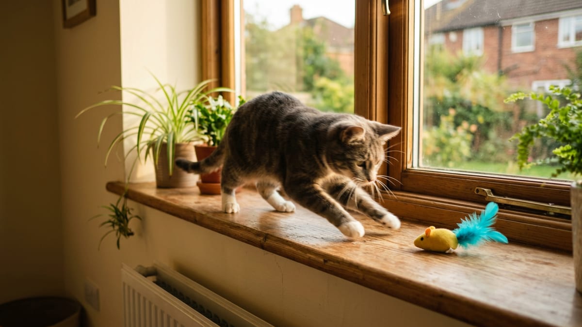 An indoor cat chasing a toy along a sunny windowsill