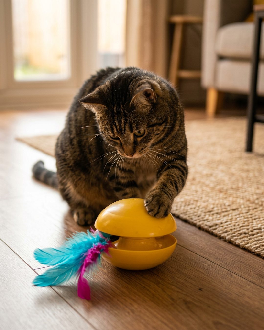An indoor cat crouched in a sunlit living room, eyes locked on something just out of frame, ready to pounce
