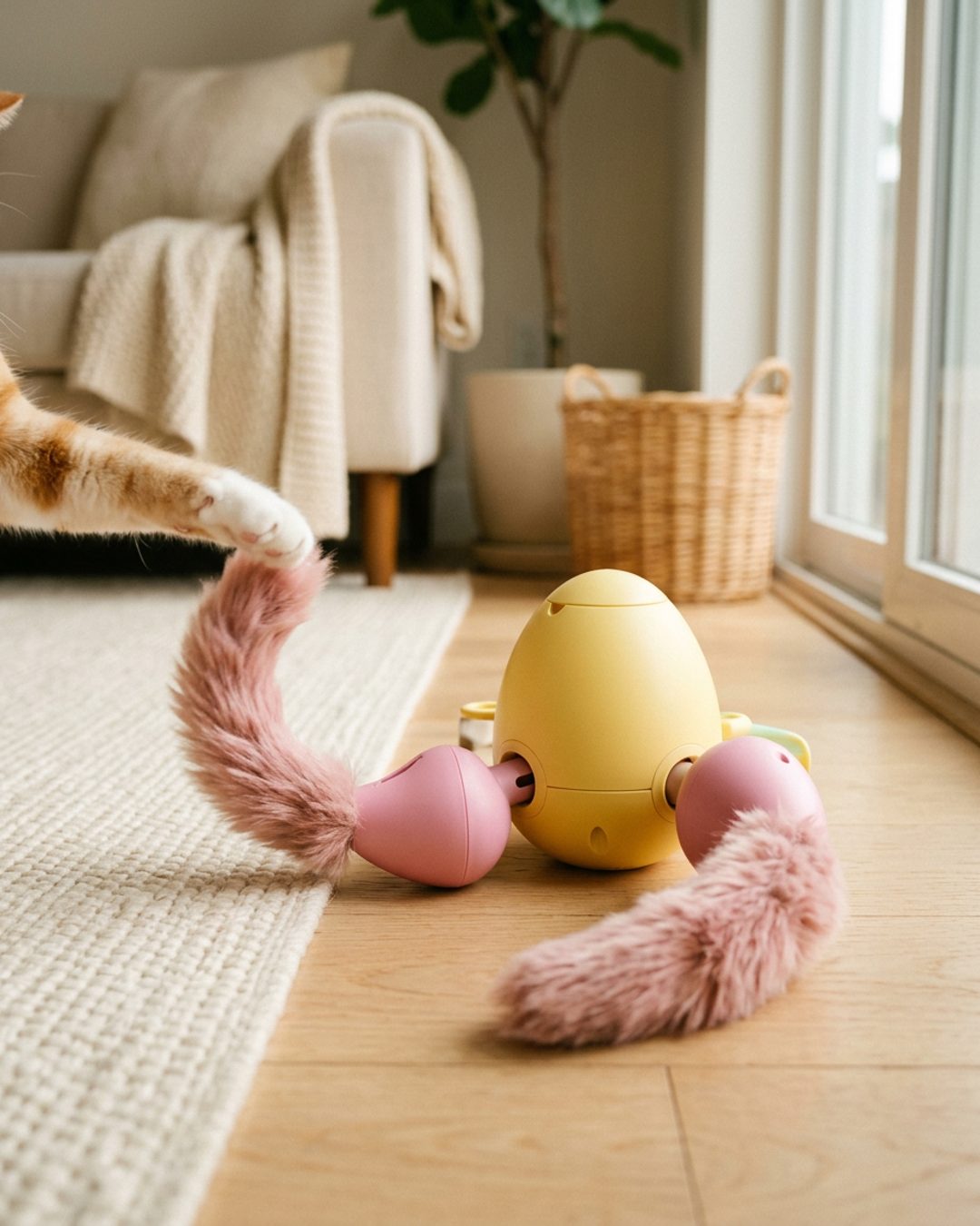 A cat mid-pounce on a feather toy in a sunlit living room