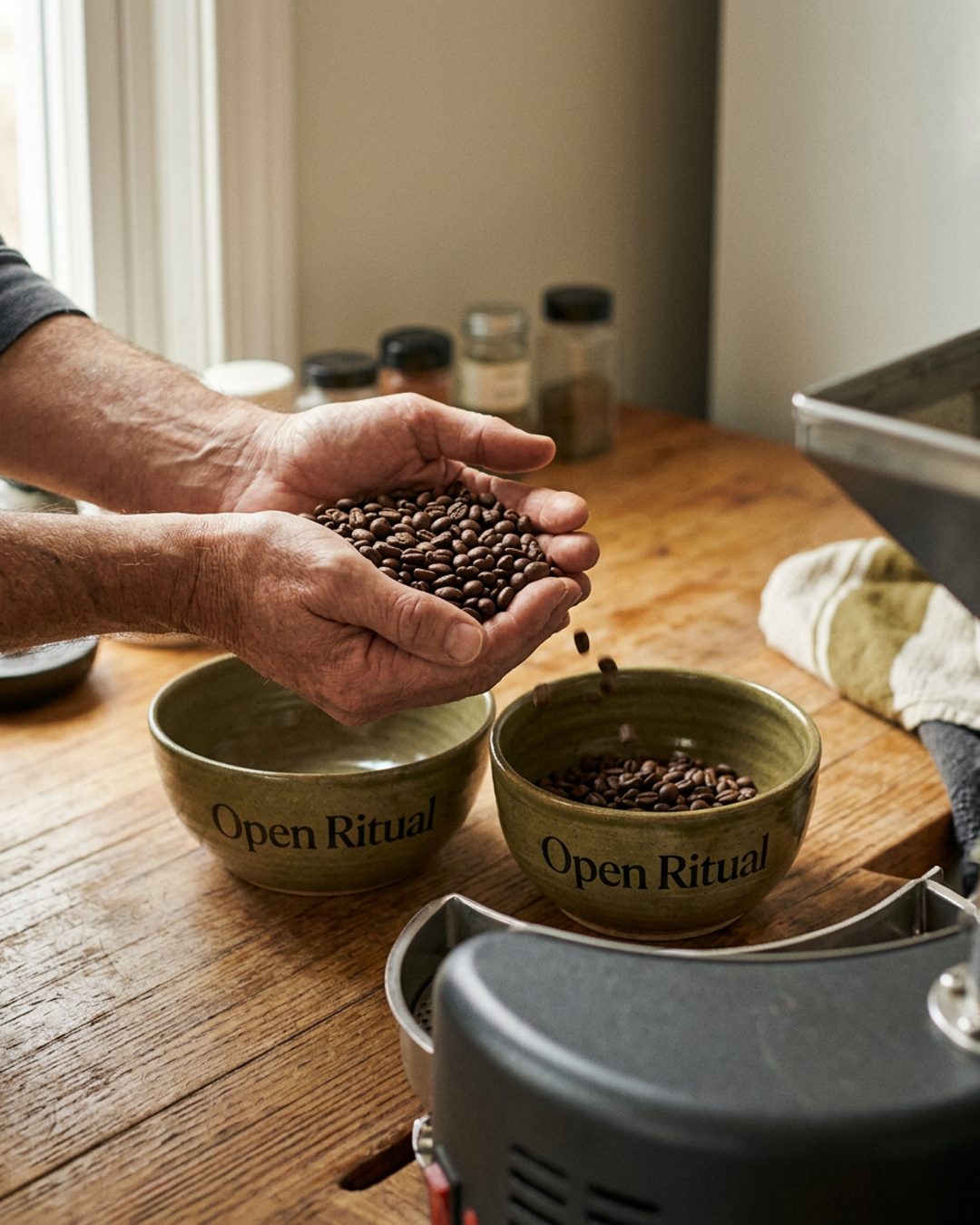 The roaster's hands at the coffee roaster, adjusting the machine during a roast