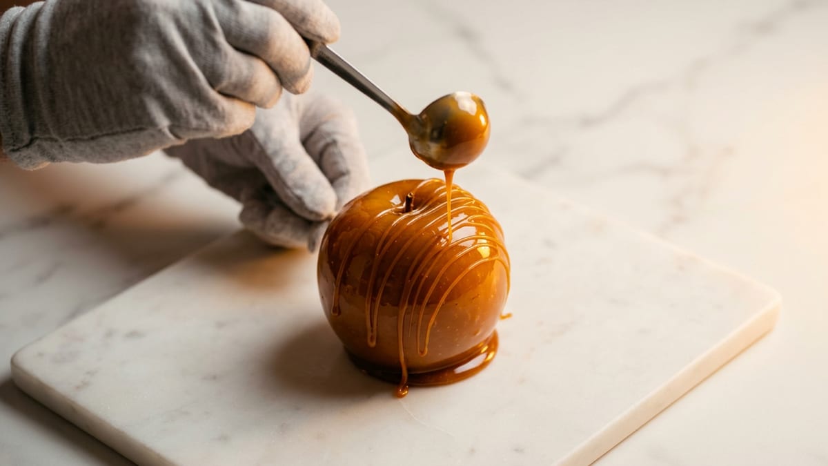 Close-up of glossy hand-dipped caramel apples in a gift box, warm amber light