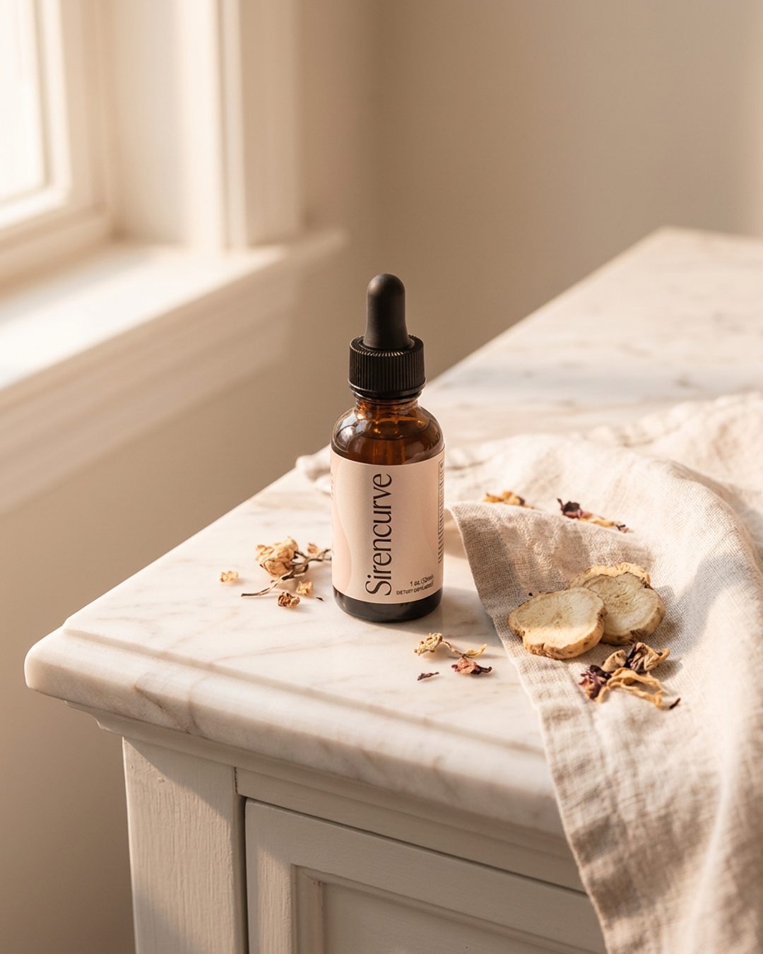 A single amber glass dropper bottle of Sirencurve Liquid Curve Ritual standing on white marble, morning light, botanicals beside it
