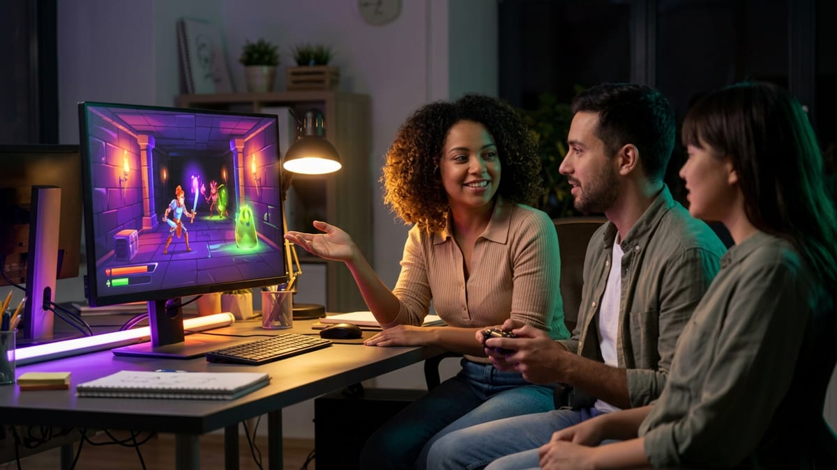 A small team gathered around a screen, reviewing a game prototype together