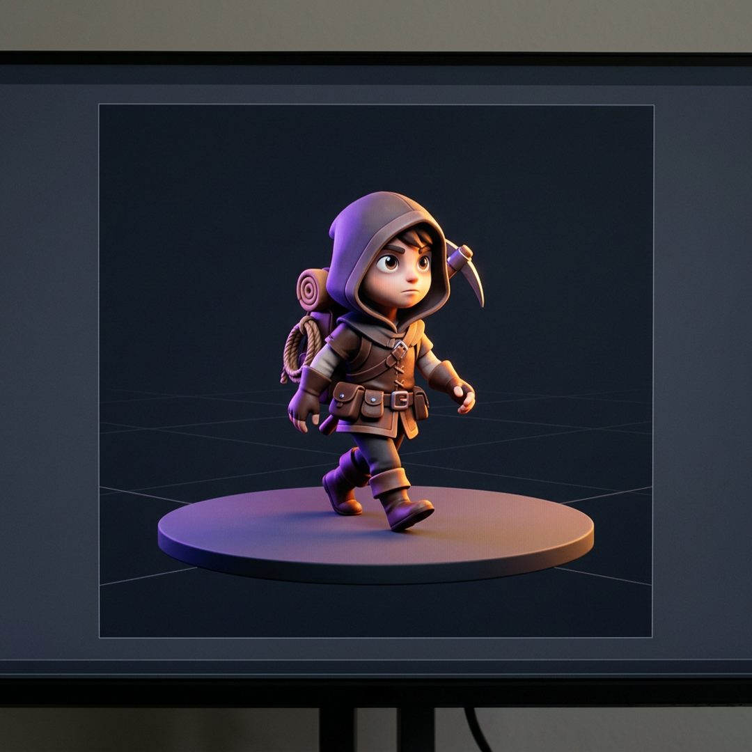 A stylised hooded 3D adventurer mid-attack swing, shown as a turntable frame in a dark editor viewport