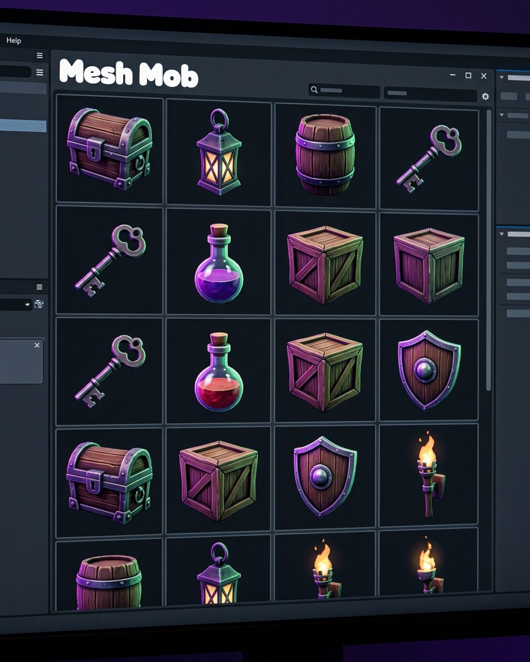 A row of matching stylised props: chest, lantern, barrels, potion and key, all in one art style