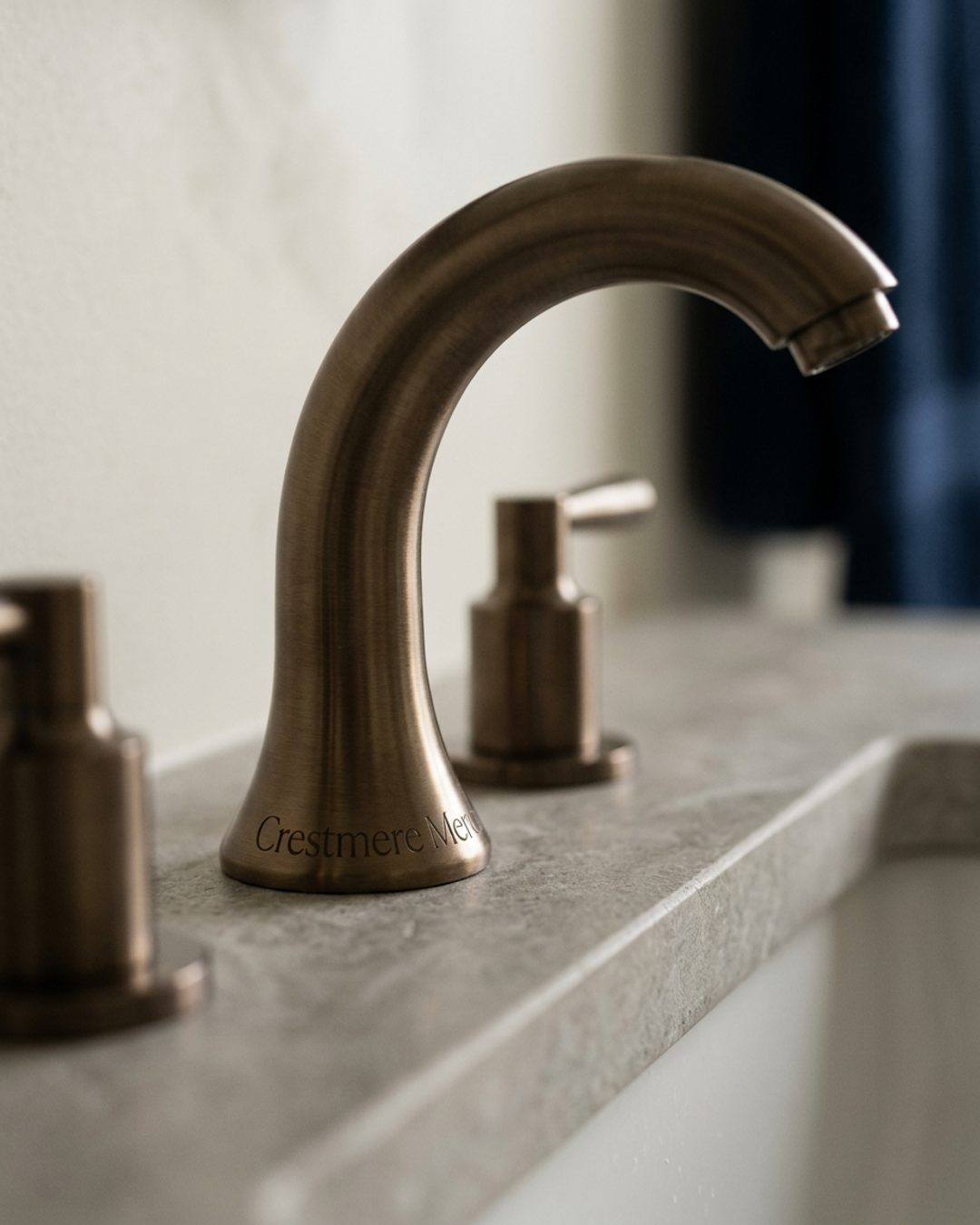 Installed bathroom faucet and fixtures against a stone surround