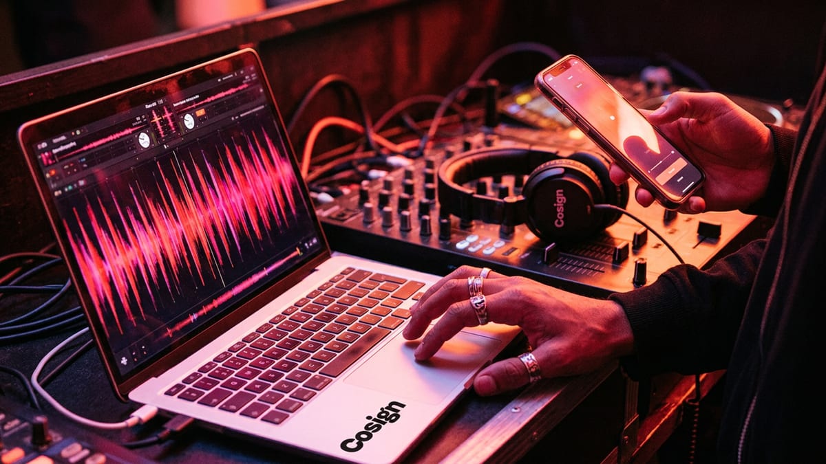 Gel-lit music studio scene with warm pink and red light