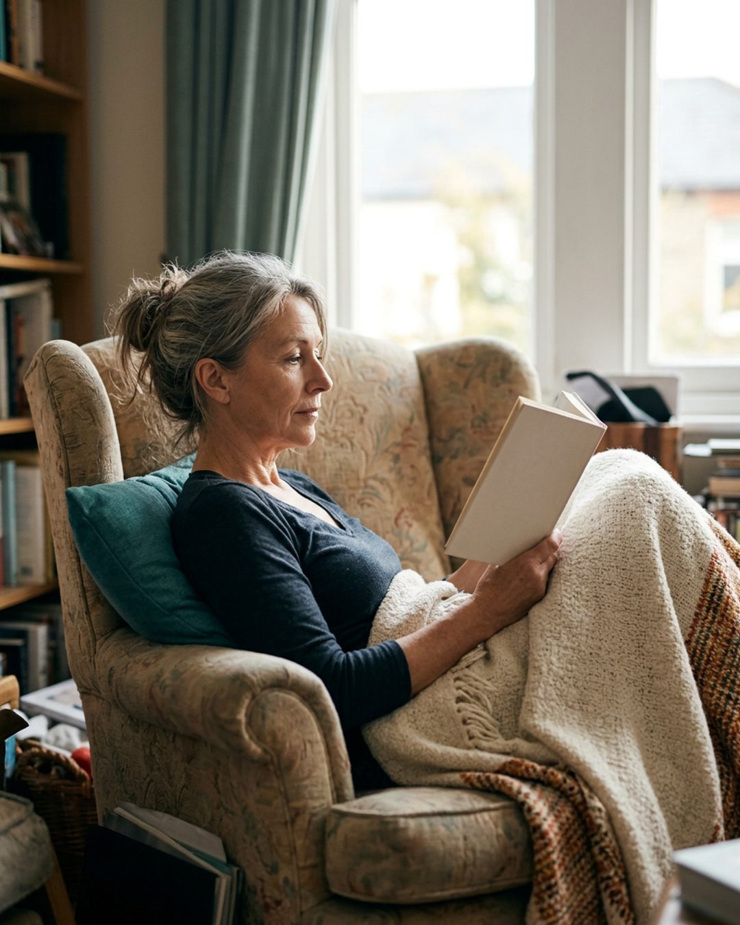 A grown reader sitting by a window in soft afternoon light, settled in with a book