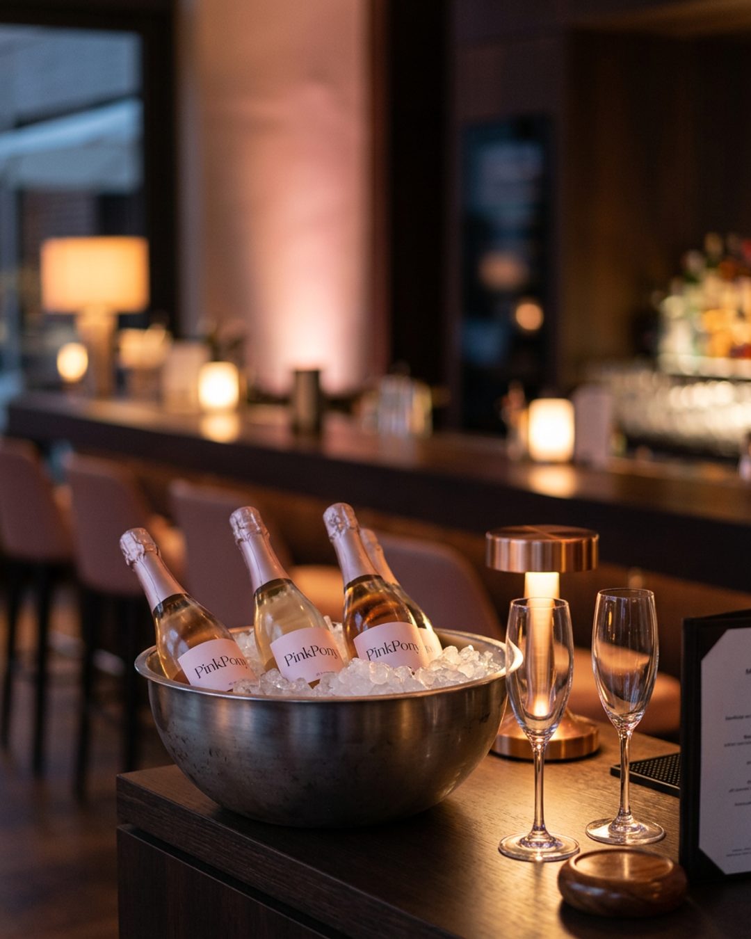 A bar back counter lit by warm lamps, an open case of pink-label PinkPony bottles ready to pour