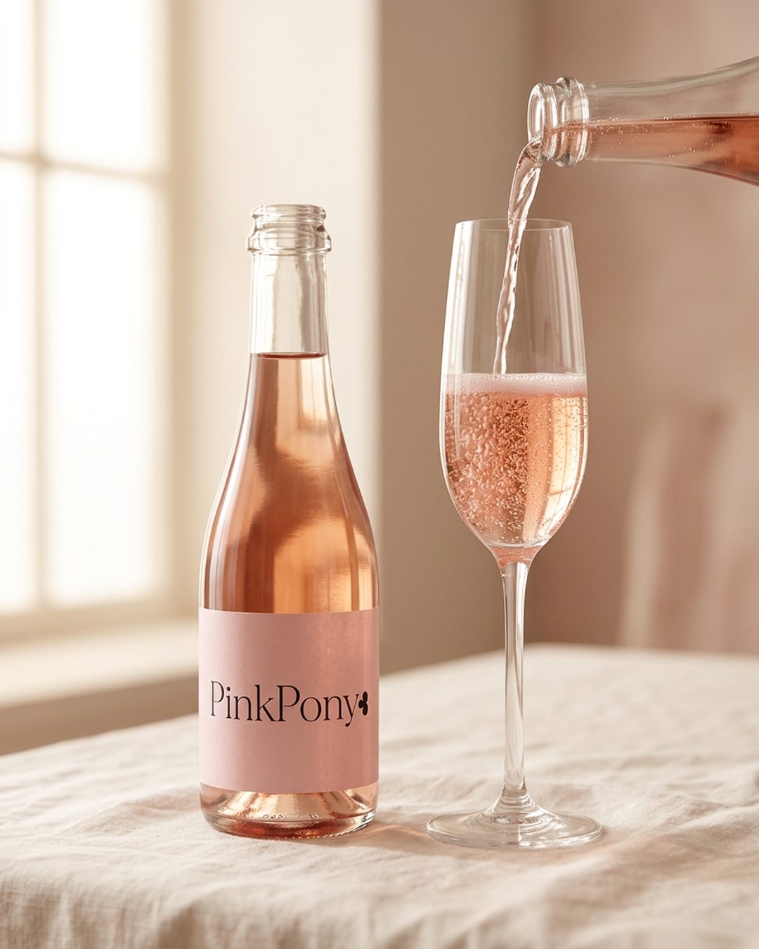A pink-label 25 cl bottle of PinkPony alcohol-free sparkling rosé, standing alone and ready to pour