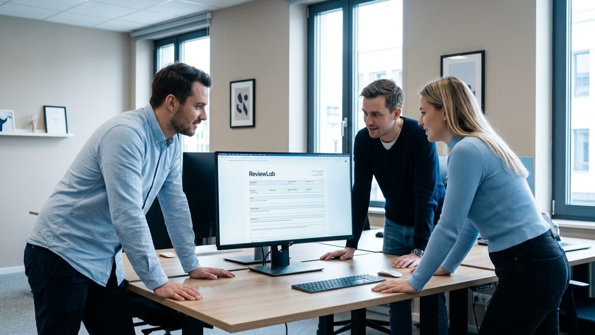 Two engineers reviewing a structured bug report together on a large monitor