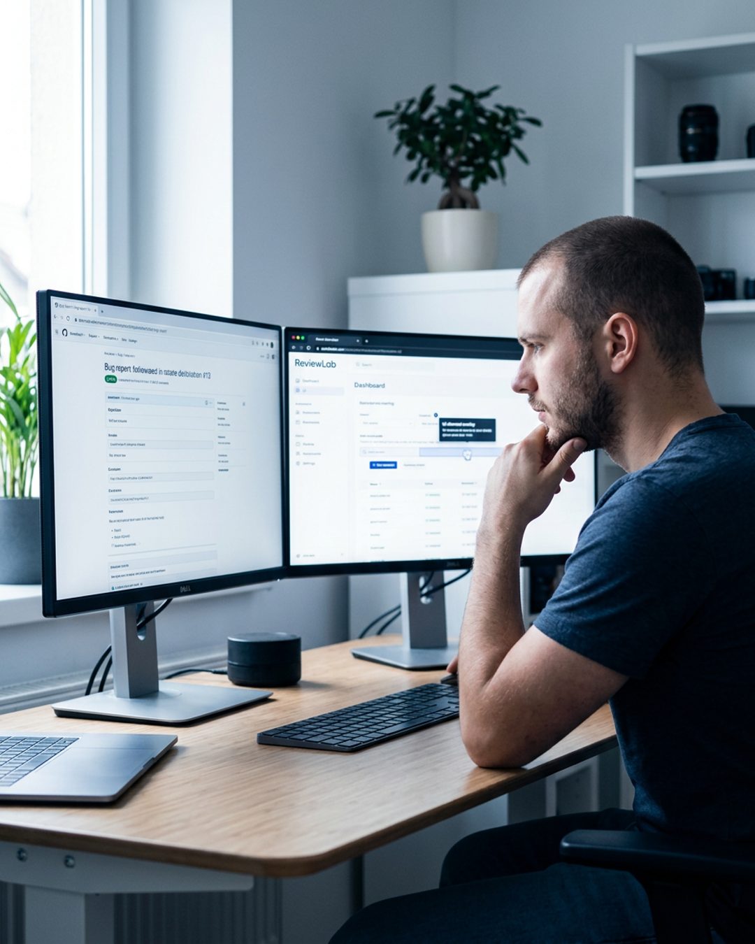 A software developer at a dual-monitor workstation reviewing a detailed bug report