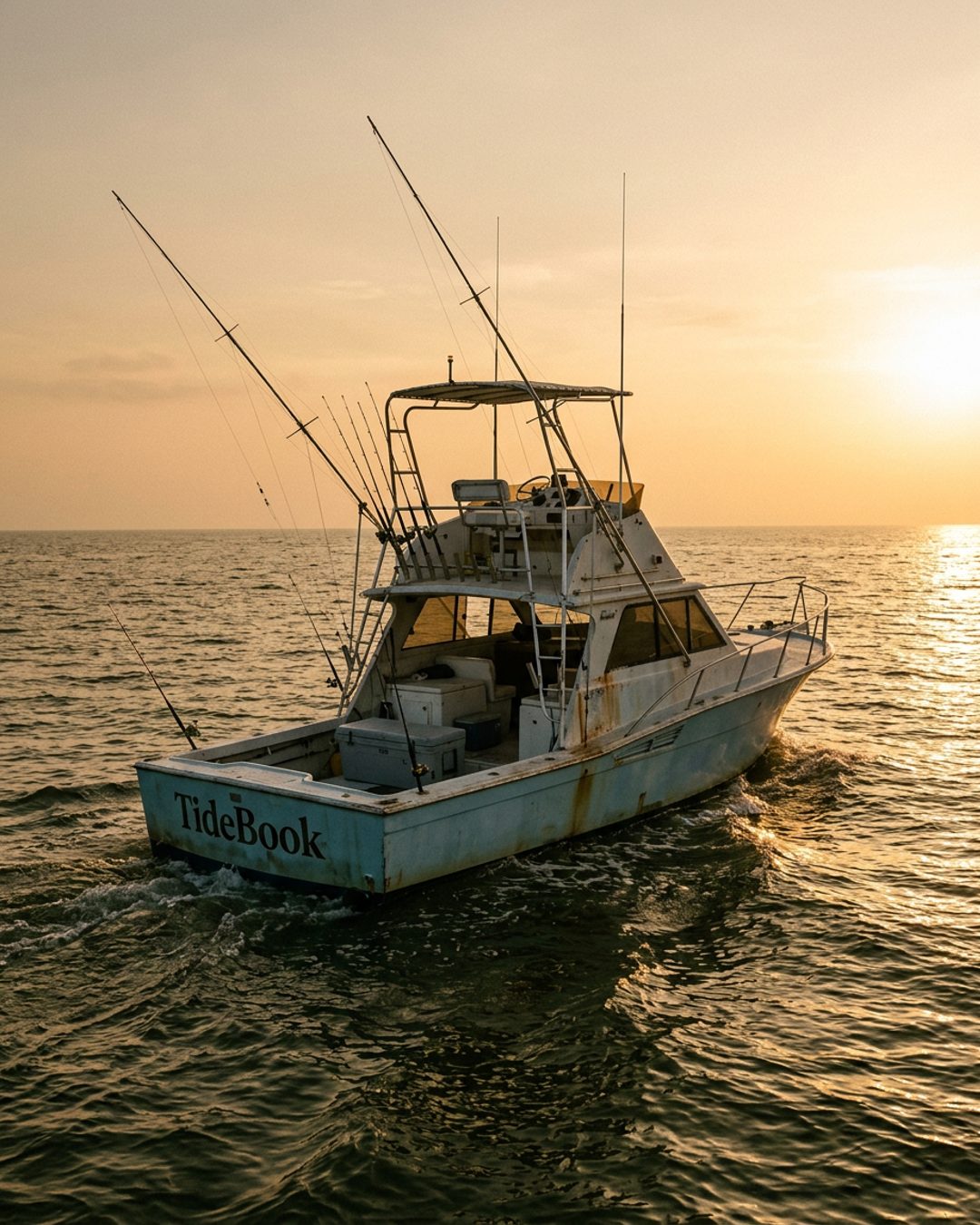A Gulf Coast charter boat on the water at golden hour, Port Aransas