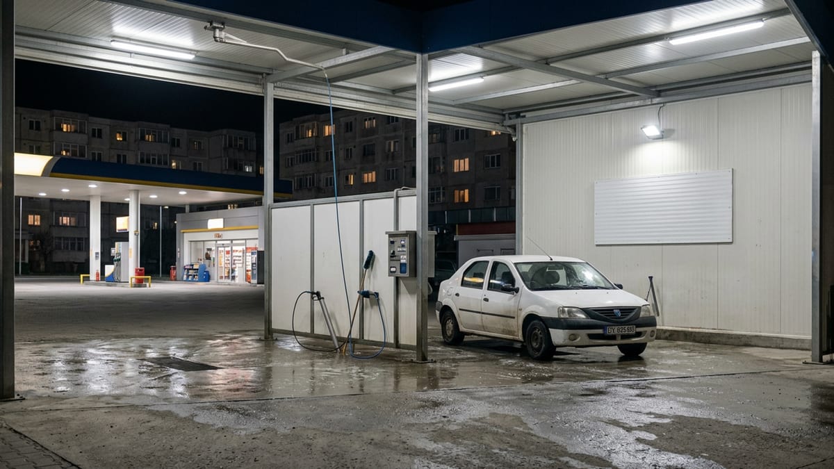 Box de spălare auto self service luminat, cu o mașină obișnuită și aparatul cu jet la îndemână