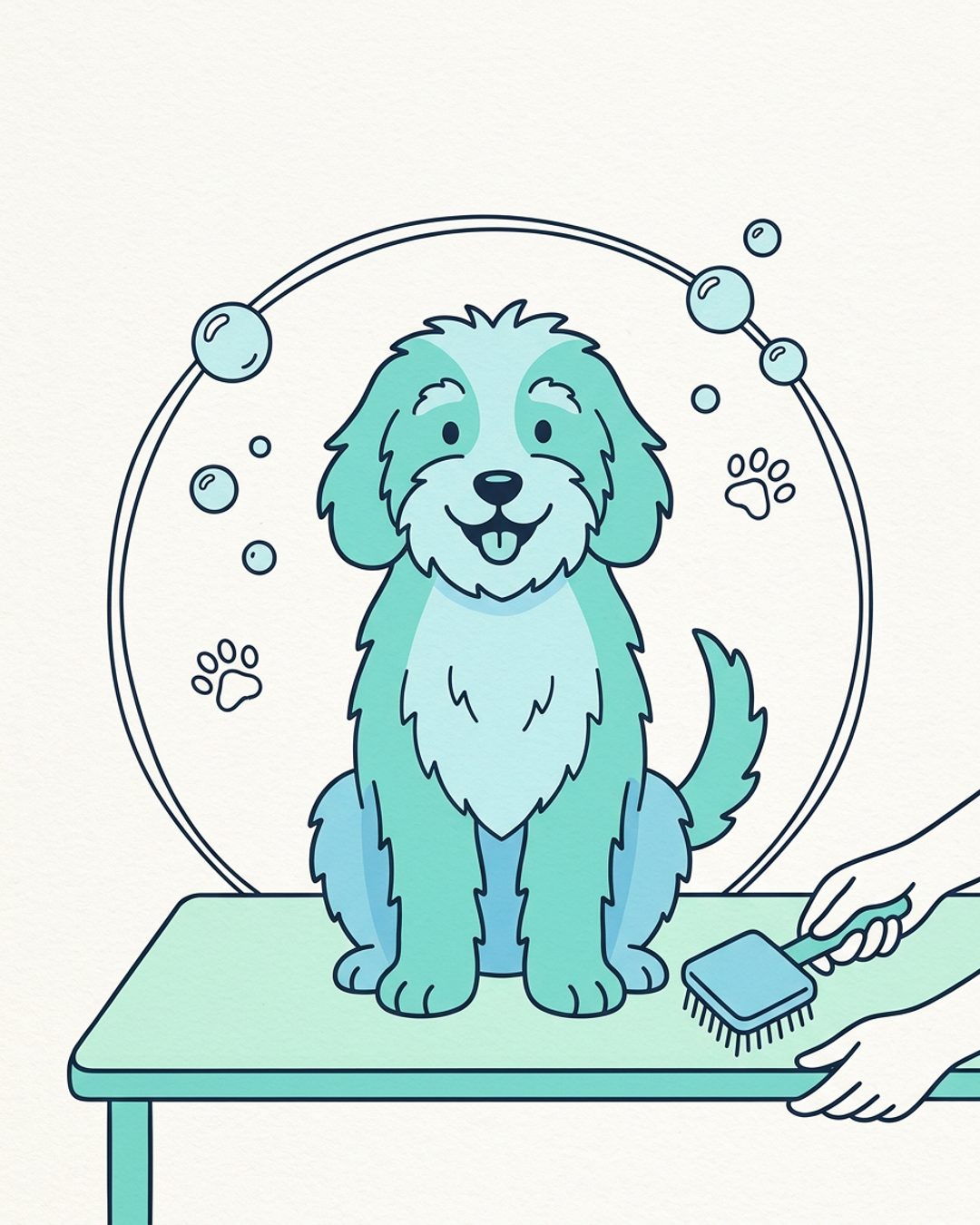 Hand-drawn illustration of a freshly groomed dog in aqua, sky blue and mint, framed by a wobbly circle