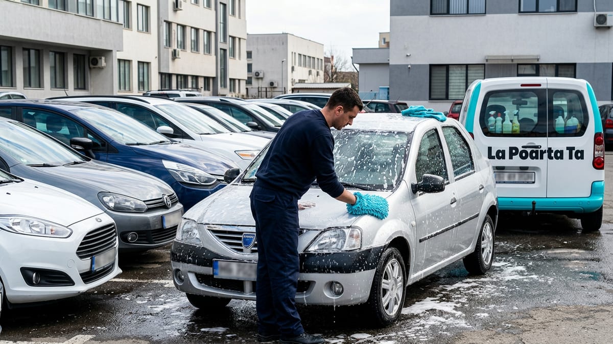 Tehnician în haine de lucru închise la culoare spumează o mașină într-o parcare de birou, cu alte mașini aliniate în spate