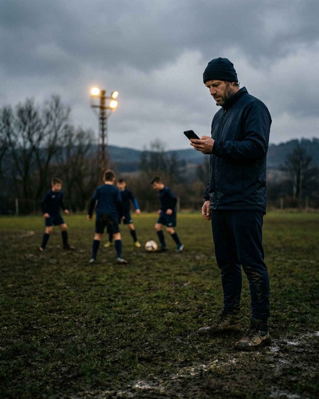 Teren de fotbal de amatori văzut de pe margine, înainte de antrenament