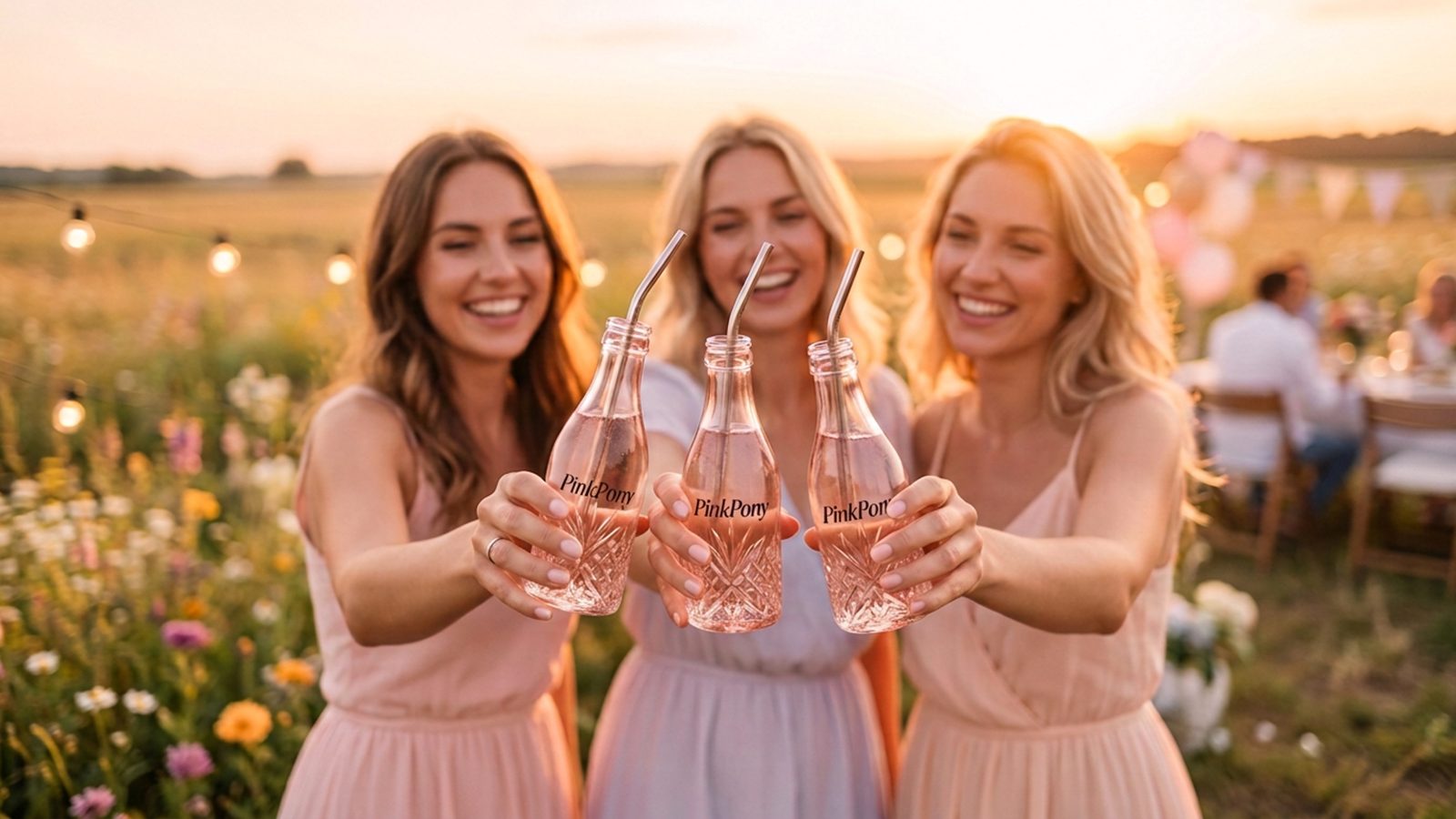 Women at sunset toasting together, each holding her own PinkPony bottle