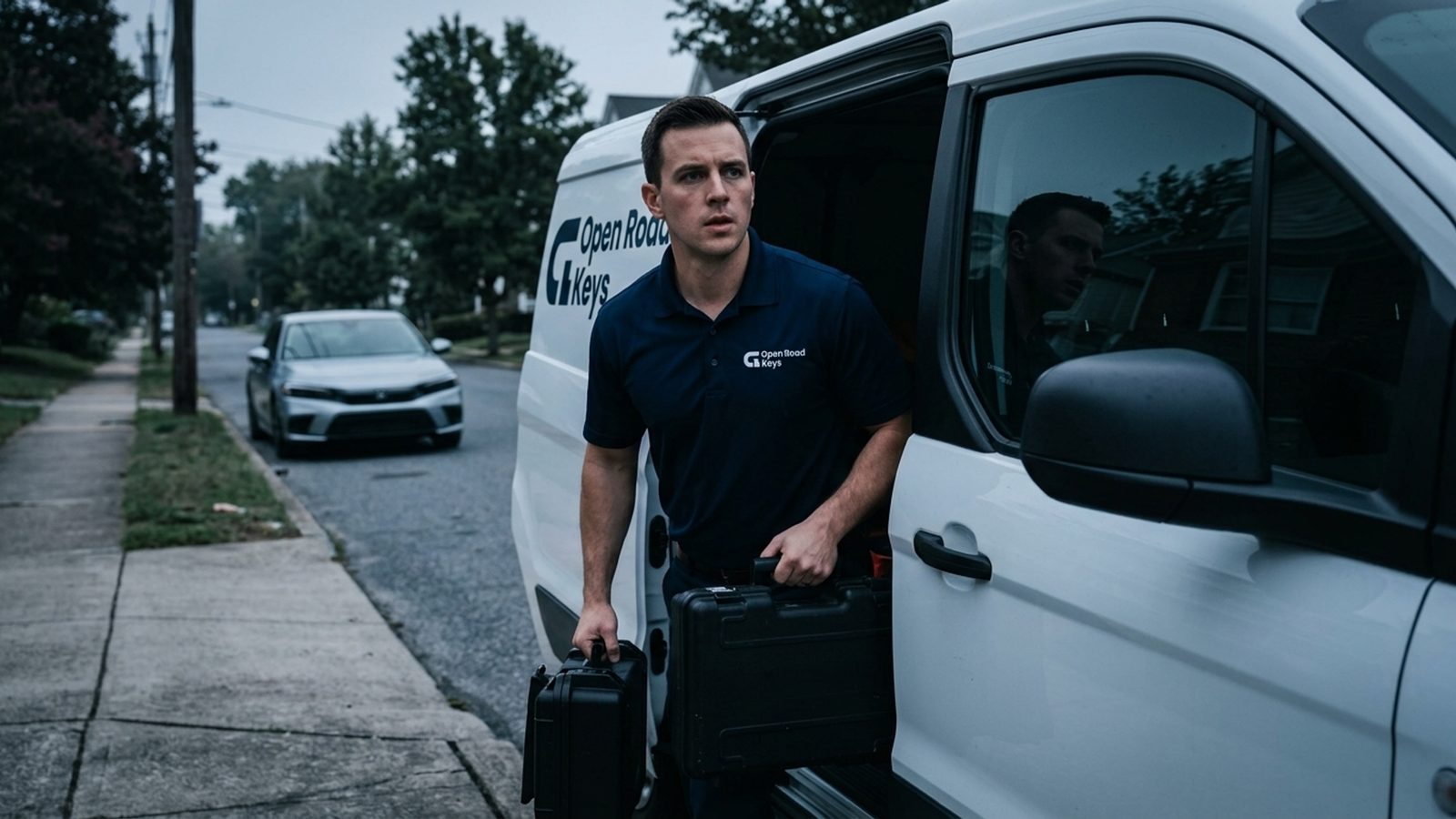 Licensed locksmith technician arriving at a stranded sedan in a Wilmington parking lot at night