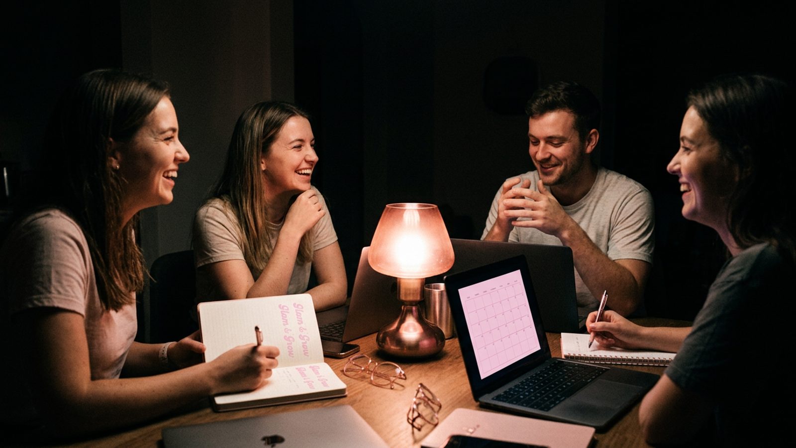A few creators talking together over a laptop video call in a dim, lamp-lit room, a notebook and a mug on the table.