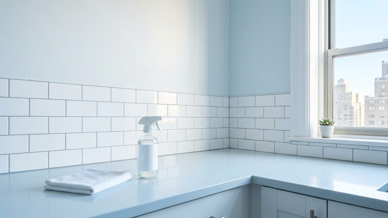 Bright NYC studio apartment right after a morning clean, natural light flooding wood floors