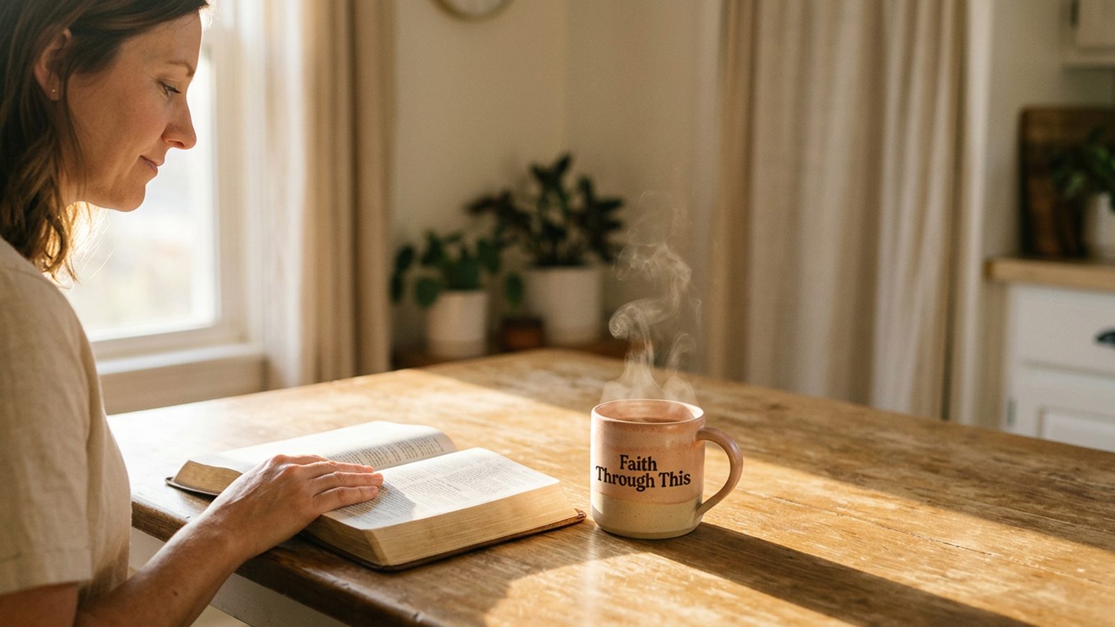 A woman's hands resting on an open Bible and prayer journal in soft morning light