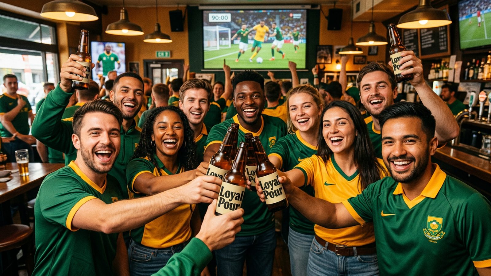 Football supporters in team jerseys raising custom-labeled bottles on a stadium terrace