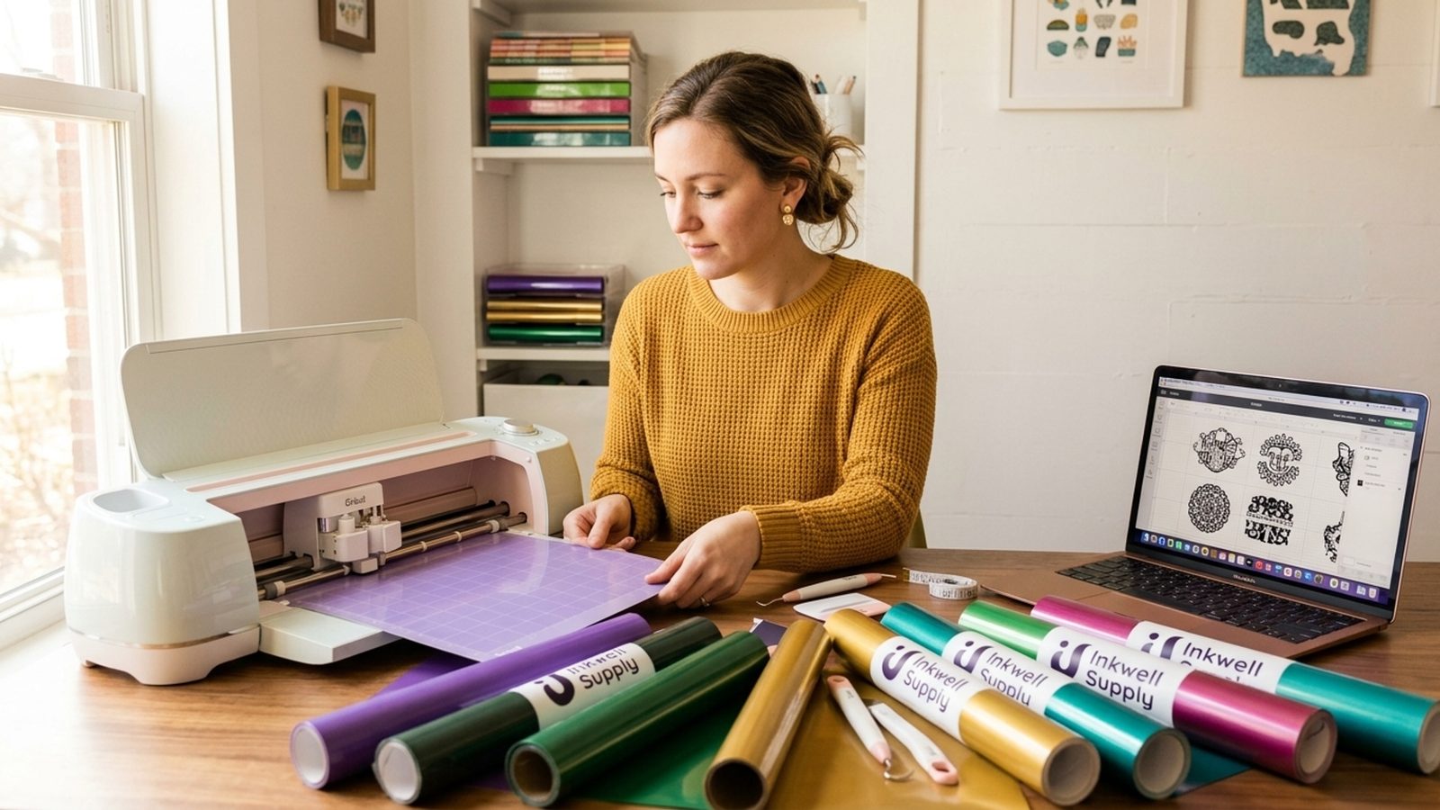 A maker working at a craft desk surrounded by colorful vinyl rolls, a cutting machine, and finished decal projects in morning light
