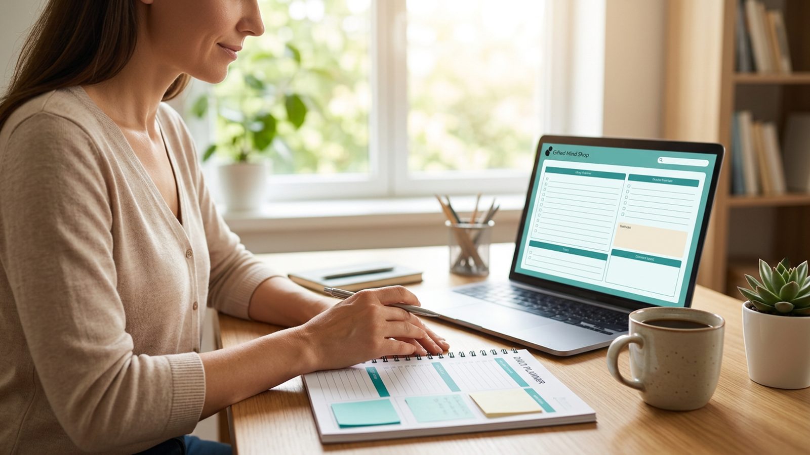 A tidy desk with printed ADHD planner template pages fanned out in teal and off-white, a pen resting beside them in warm natural light