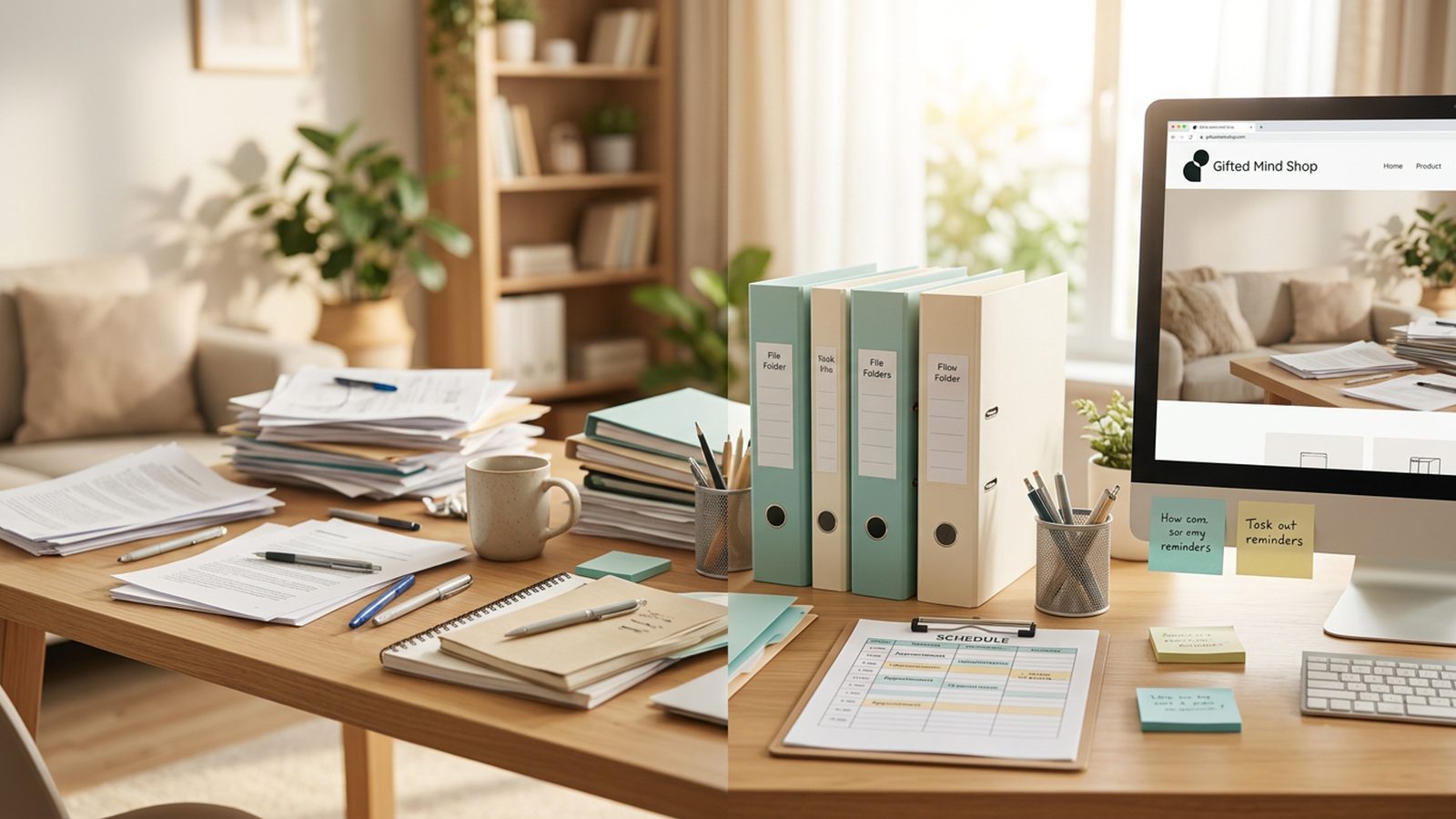 A tidy home-office desk with printed ADHD planner templates fanned out alongside a laptop open to a teal Canva template.